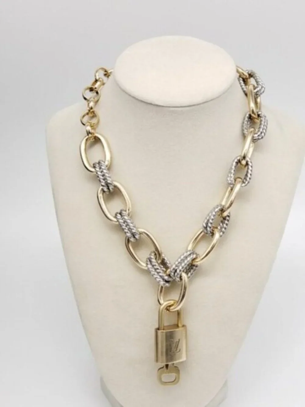 Authentic Louis Vuitton Gold Padlock w/ Unbranded Fashion Geometry Necklace